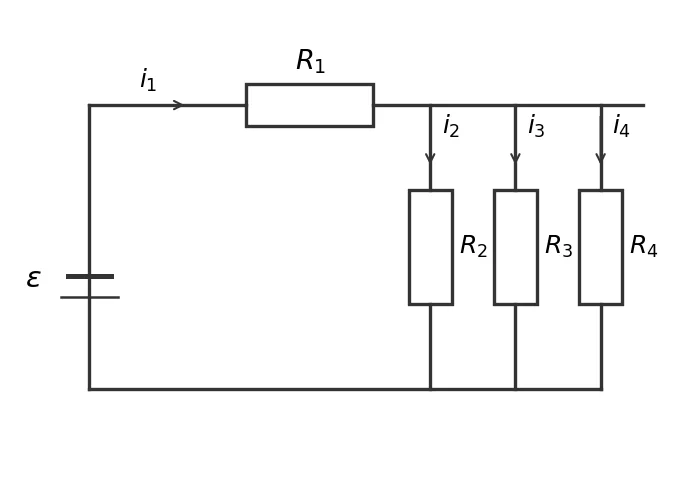 Circuito com gerador ε, resistor R1 percorrido por i1, dividindo-se em três ramos paralelos com R2, R3 e R4 percorridos por i2, i3 e i4