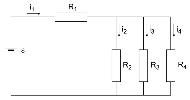 Circuito com gerador ε, resistor R1 percorrido por i1, dividindo-se em três ramos paralelos com R2, R3 e R4 percorridos por i2, i3 e i4