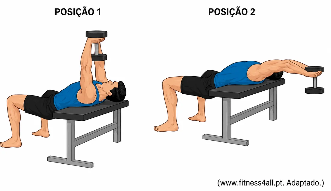 Halter sendo abaixado da posição 1 (braços estendidos para cima) até a posição 2 (braços abertos ao lado do corpo), pessoa deitada em um banco