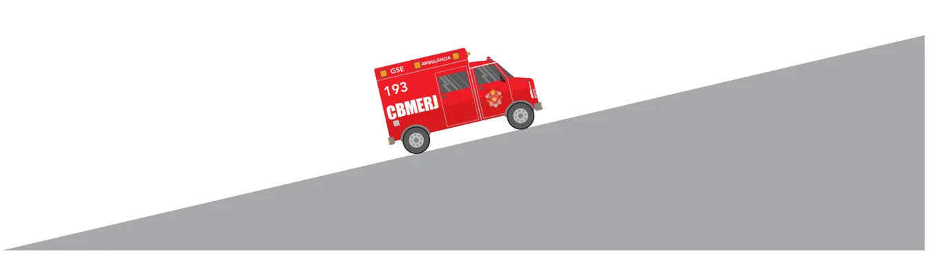 Ambulância do CBMERJ parada em uma ladeira