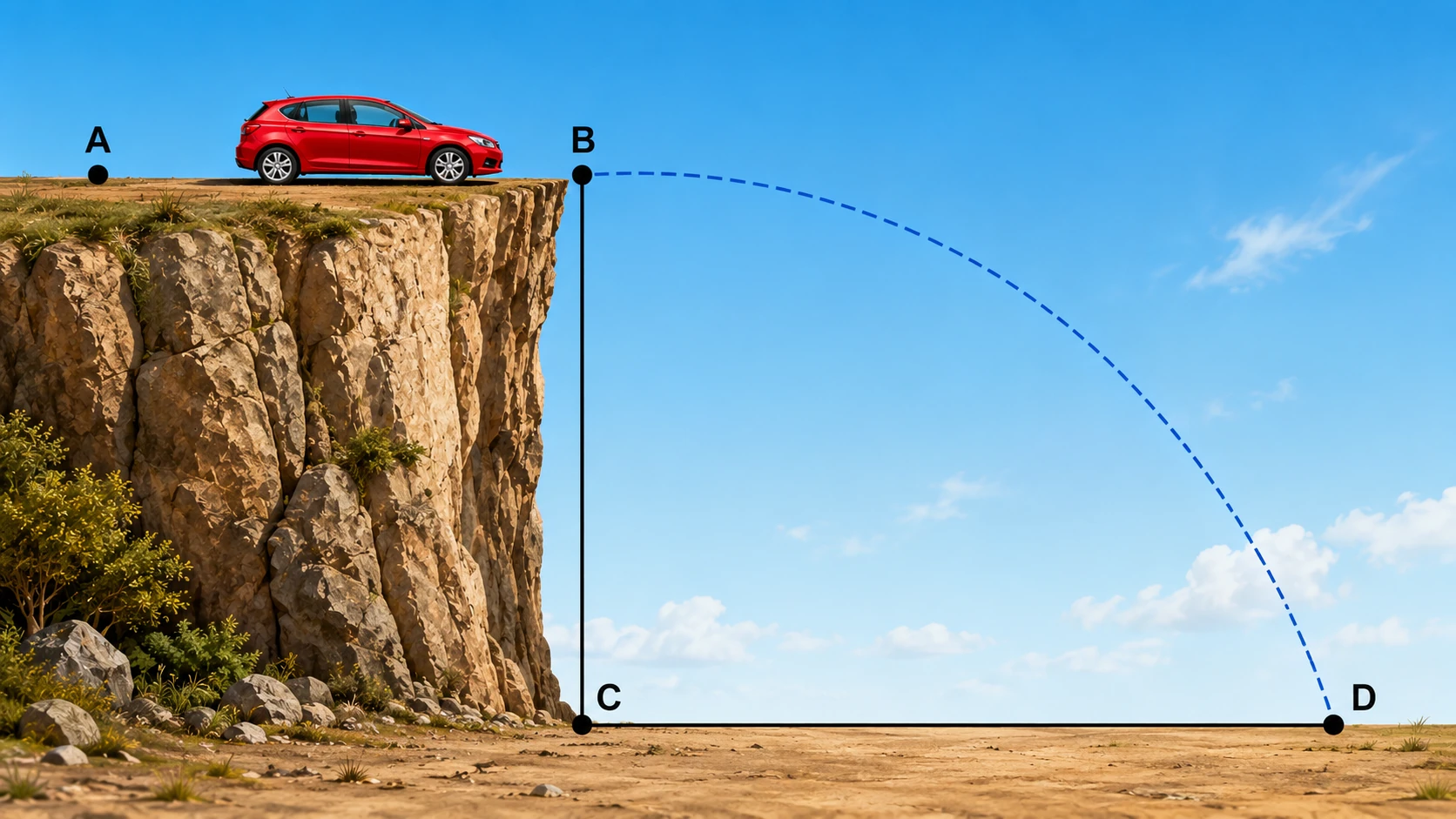 Carro passa pelos pontos A e B na pista horizontal no alto do penhasco, cai em queda livre e atinge o ponto D na superfície horizontal; o ponto C está na vertical abaixo de B