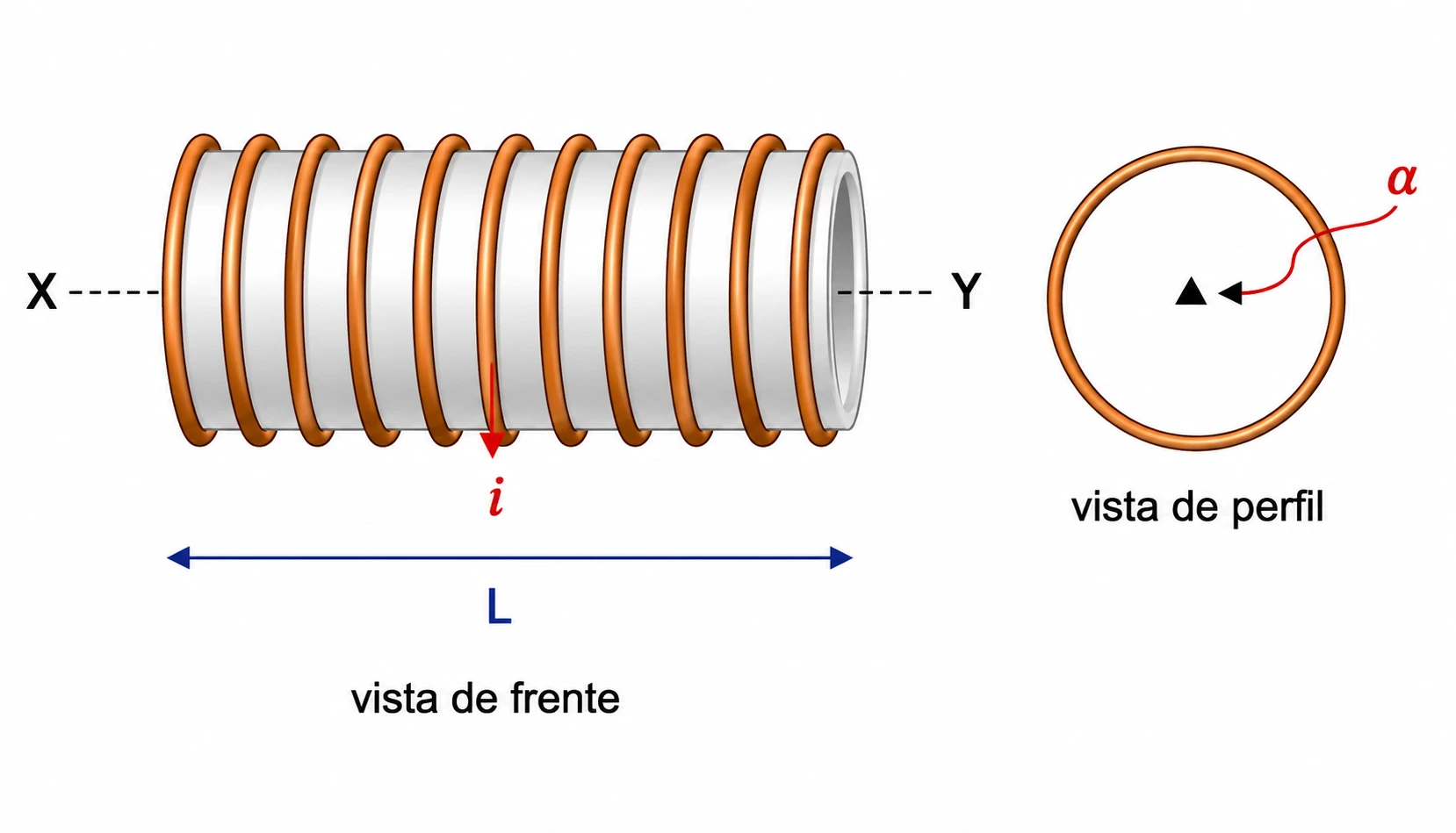 Solenoide cilíndrico visto de frente, com extremidade x à esquerda e y à direita e corrente i descendo pela frente das espiras; vista de perfil mostra a partícula alfa sobre o eixo