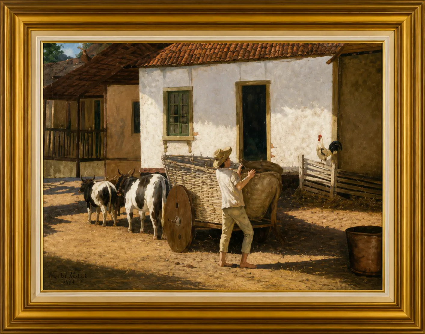 Reprodução da pintura “O carro de boi”, de Alexandre Abi-Ackel: cena rural com um carro de boi estacionado, um agricultor carregando um balaio e animais ao redor de uma casa simples.