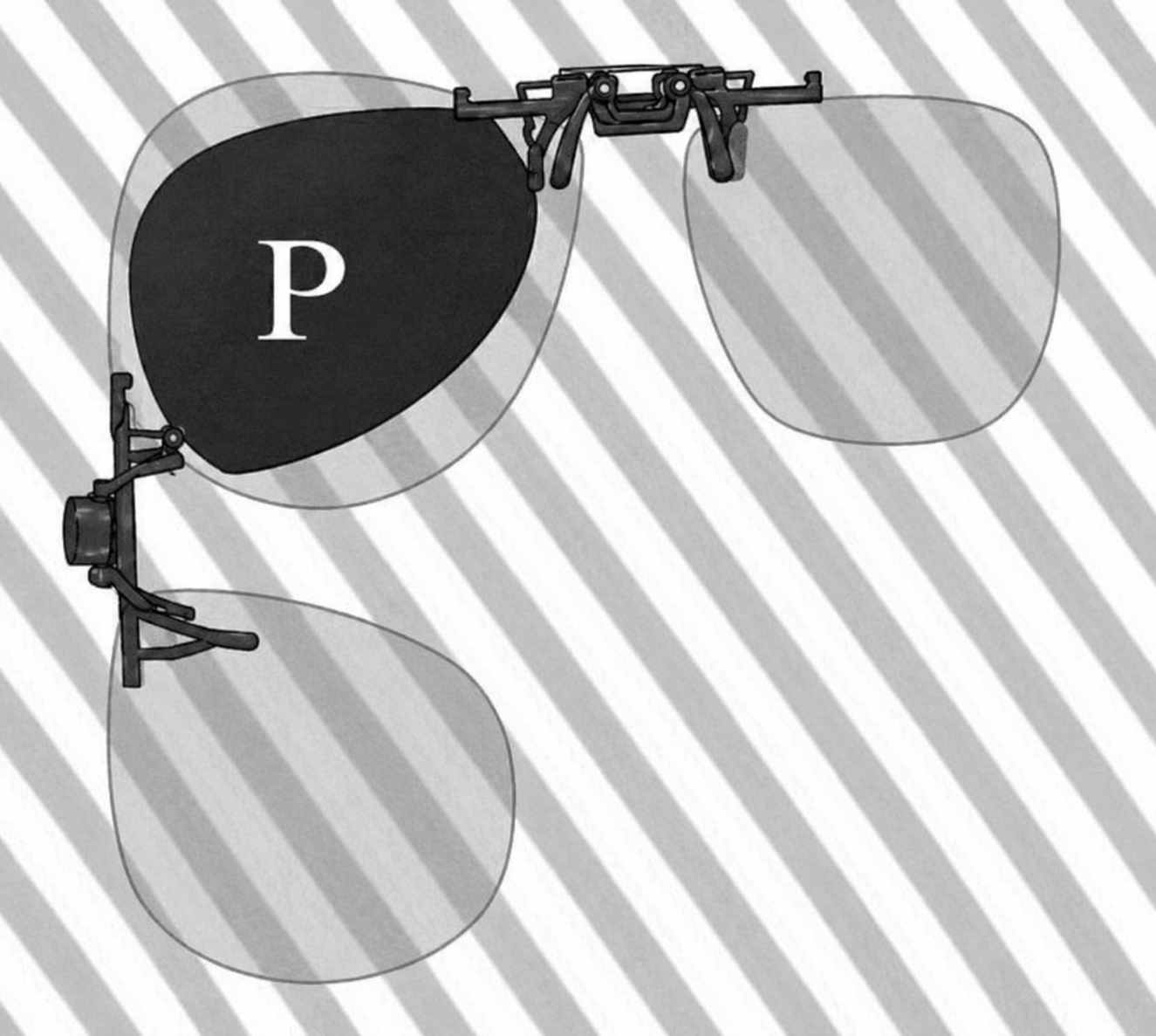 Par de óculos escuros com lentes de polarização sobrepostas parcialmente, mostrando faixas diagonais claras e escuras; uma região central, onde as duas lentes se sobrepõem totalmente, aparece completamente escura (região P), indicando bloqueio total da luz.