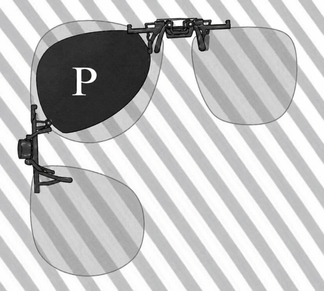 Par de óculos escuros com lentes de polarização sobrepostas parcialmente, mostrando faixas diagonais claras e escuras; uma região central, onde as duas lentes se sobrepõem totalmente, aparece completamente escura (região P), indicando bloqueio total da luz.