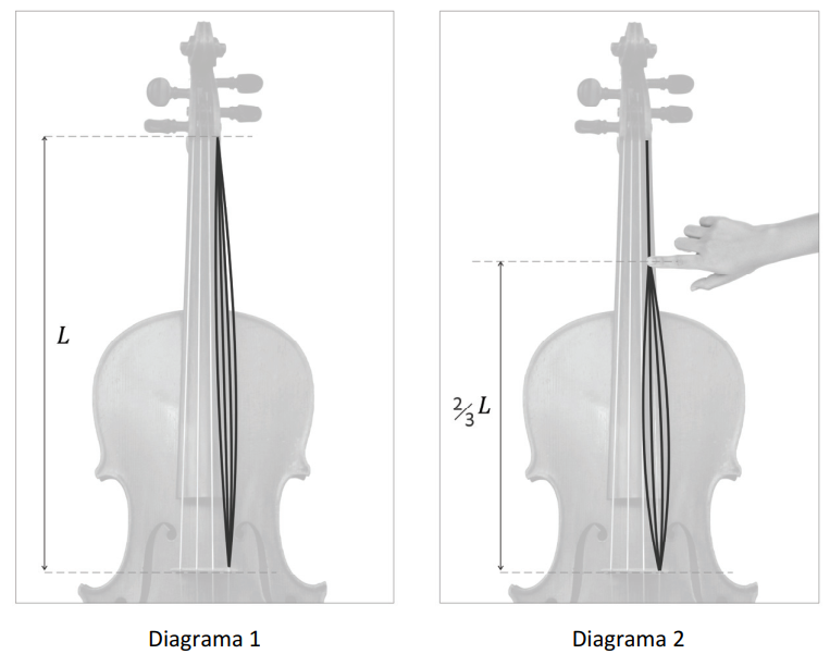 Dois diagramas de ondas estacionárias em uma corda de violoncelo: diagrama 1 mostra um único ventre ao longo do comprimento L (modo fundamental); diagrama 2 mostra a corda pinçada a 2/3 de L, vibrando em seu modo fundamental nesse trecho menor