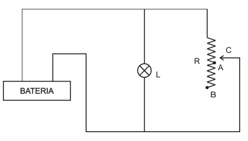 Circuito com bateria de força eletromotriz épsilon e resistência interna r, lâmpada L e reostato R