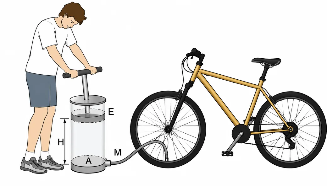 Ciclista operando bomba cilíndrica manual (êmbolo E, altura H, base A) conectada por mangueira M ao pneu dianteiro