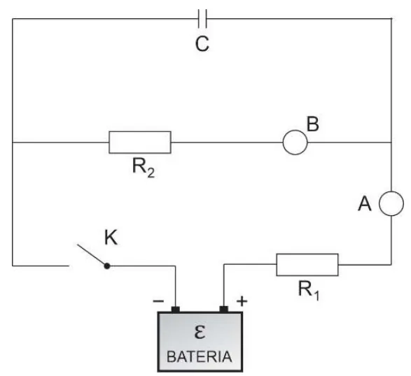 Bateria em série com R1 e amperímetro A, alimentando dois ramos em paralelo: um só com o capacitor C, outro com R2 em série com o amperímetro B; chave K em série com a bateria