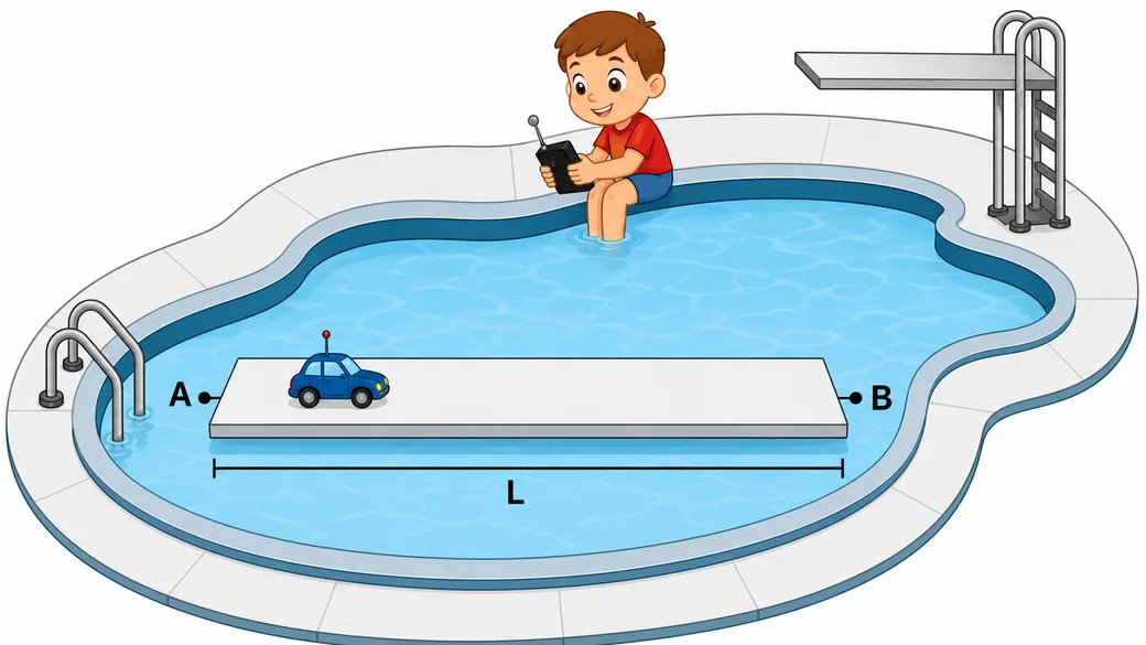 Prancha de comprimento L flutuando na piscina, com o carrinho de controle remoto entre as extremidades A e B