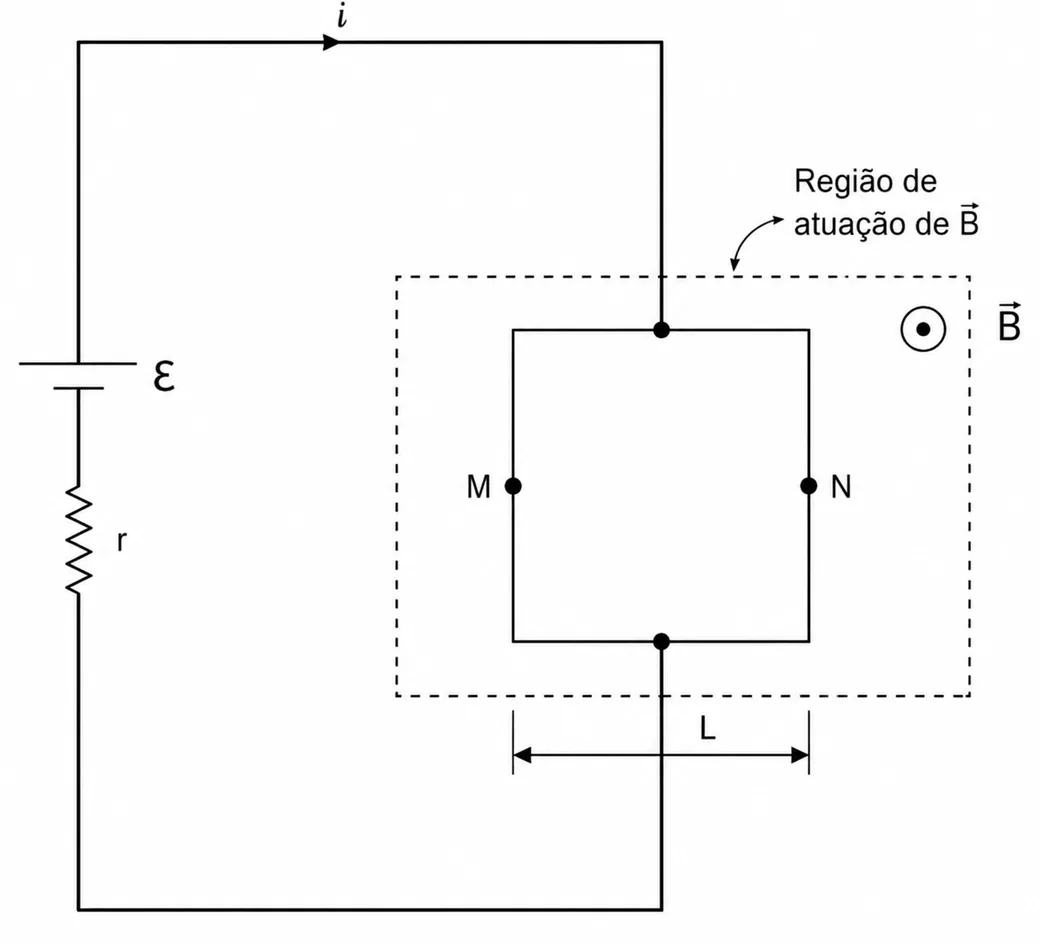 Circuito com gerador (ε, r) ligado a placa metálica retangular de largura L, imersa em campo B perpendicular ao plano; pontos M e N nas bordas opostas, separados pela largura L