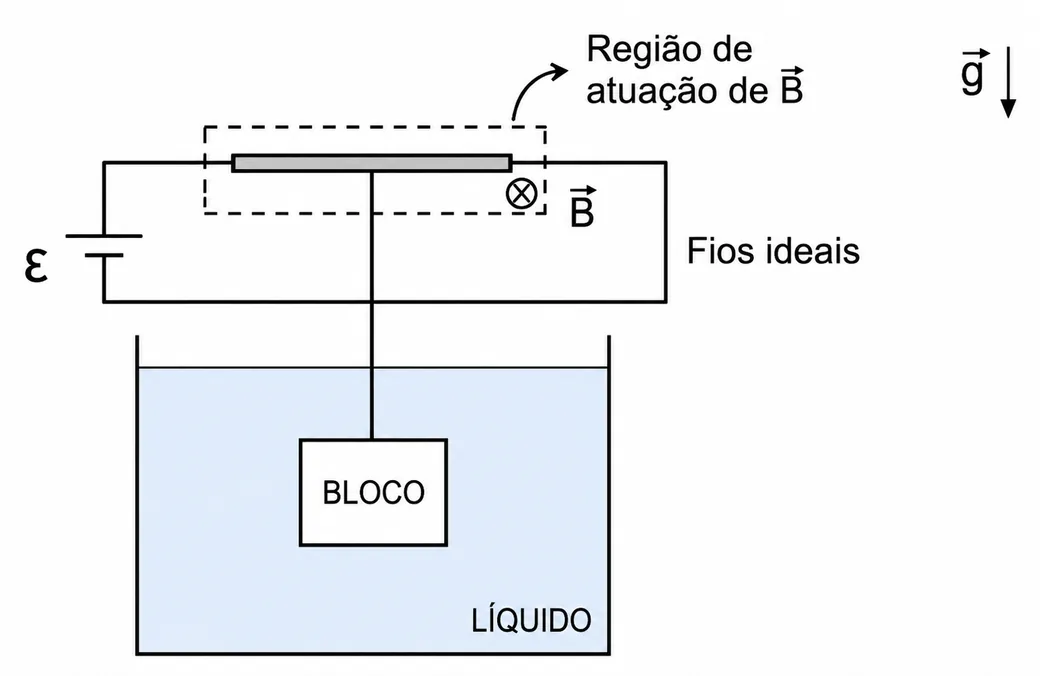 Gerador ε ligado a barra condutora horizontal (resistência R, comprimento L), imersa em campo B; a barra sustenta por um fio um bloco totalmente submerso em líquido