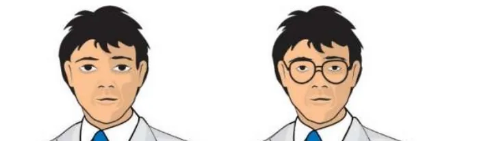 Rapaz sem óculos, com olhos em tamanho normal, e com óculos de lentes côncavas, com olhos visivelmente menores