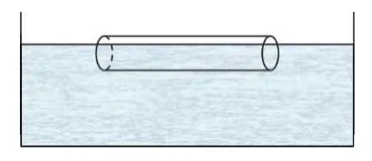 Barra cilíndrica flutuando na horizontal, com 75% do seu volume submerso na água do tanque