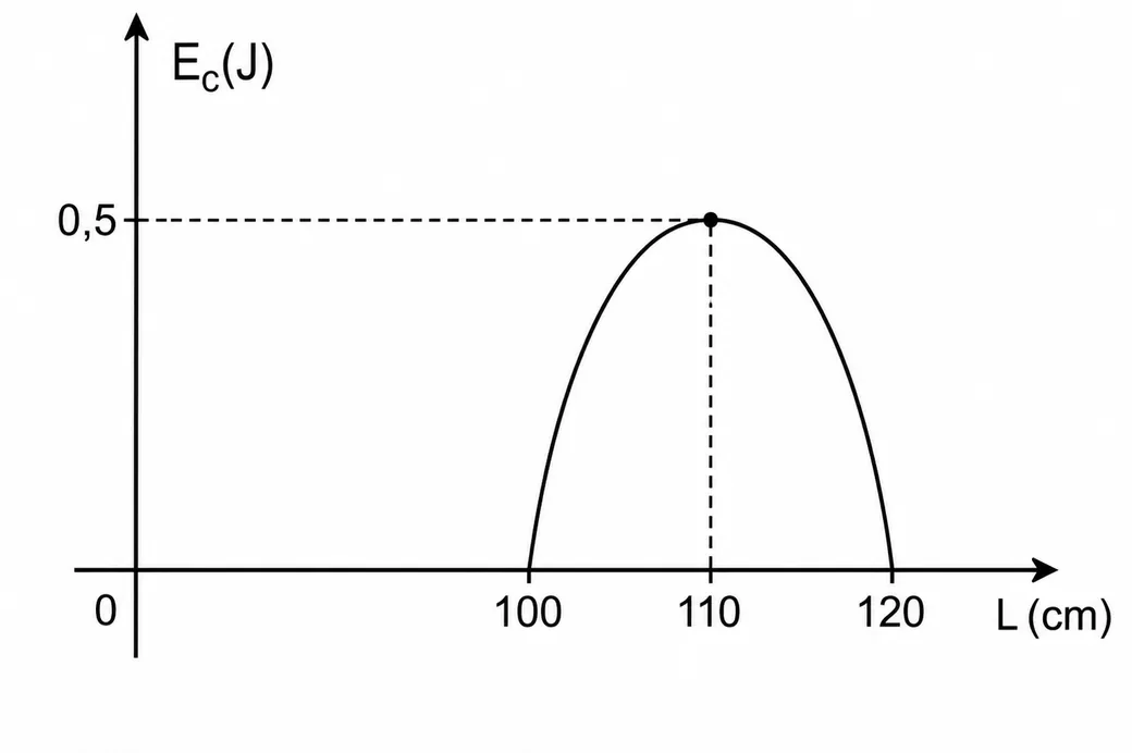 Gráfico da energia cinética Ec em função do comprimento L da mola, com Ec máxima de 0,5 J em L=110cm e zero em L=100cm e L=120cm