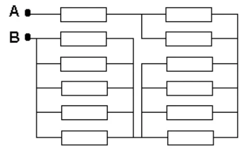 Circuito com pontos A e B; quatro blocos de resistores em paralelo (1, 2, 5 e 4 resistores) associados entre si