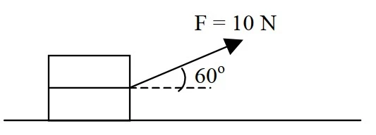 Caixote sendo puxado por uma corda que forma 60° com a horizontal, com força F=10 N