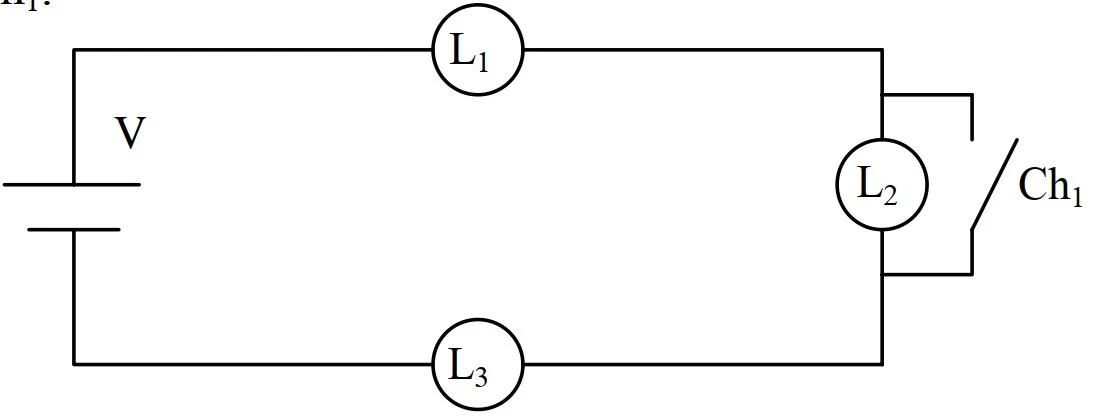 Circuito com lâmpadas L1 e L3 em ramos paralelos e L2 em série com a chave Ch1, ligadas à fonte V