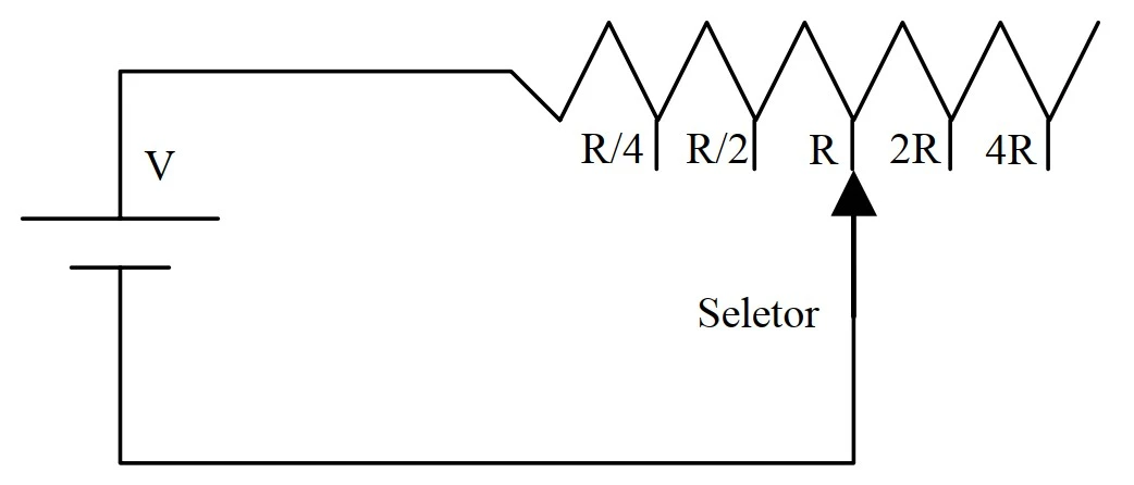 Aquecedor com seletor de resistência com posições R/4, R/2, R, 2R e 4R ligado à fonte V