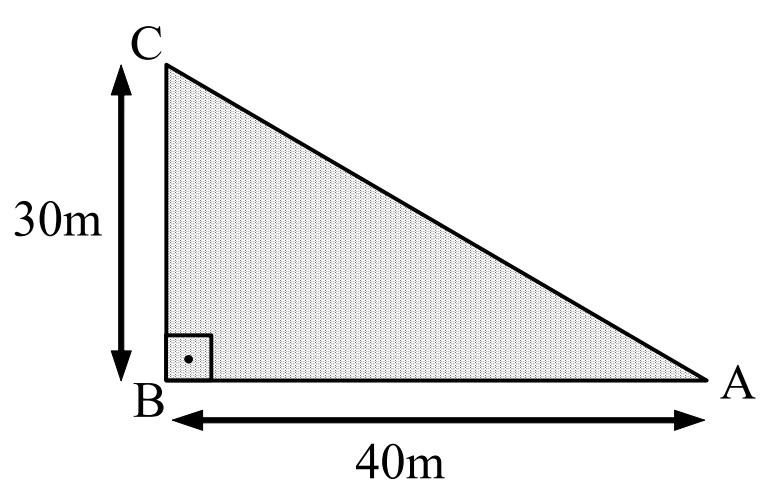 Triângulo retângulo com B no ângulo reto, catetos BA=40m e BC=30m e hipotenusa CA
