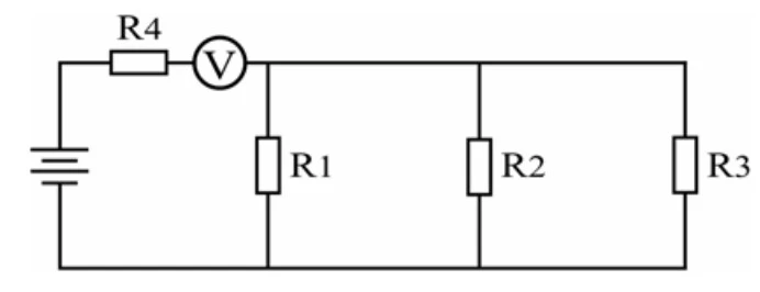 Voltímetro em série entre R4 e o nó de R1/R2/R3