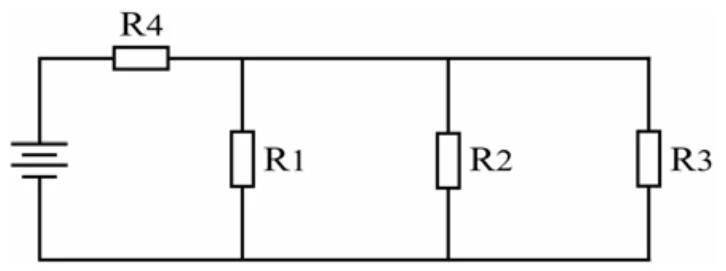 Circuito de referência com R4 em série com a fonte e R1, R2, R3 em paralelo