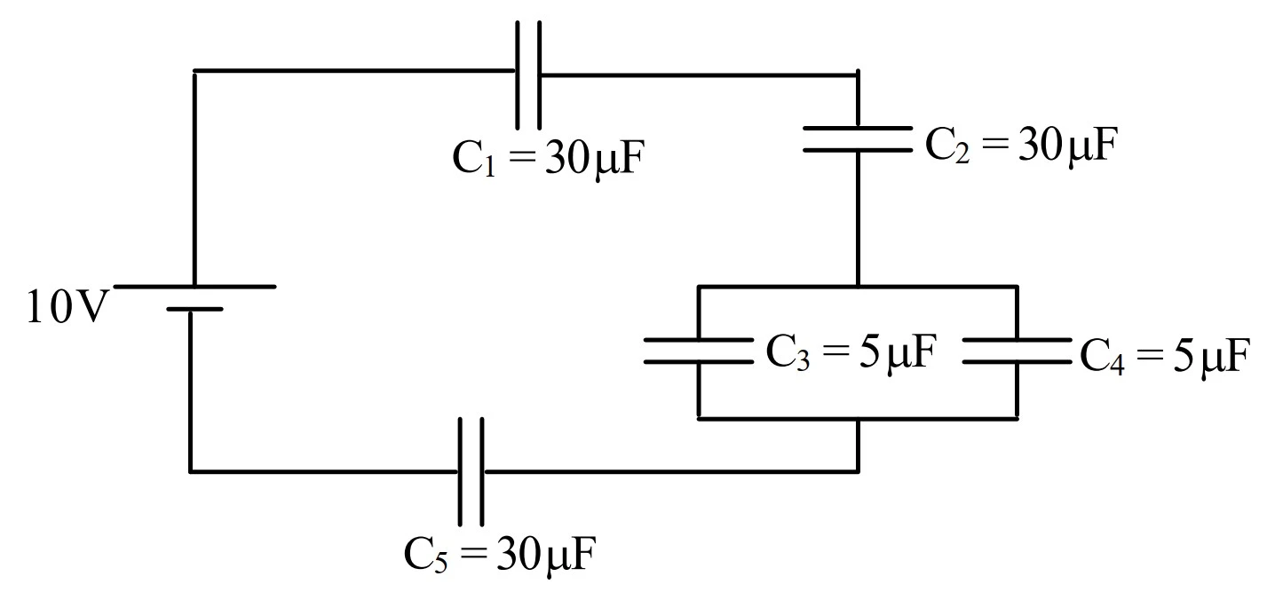 Circuito com capacitores C1=30μF, C2=30μF, C3=5μF e C4=5μF em paralelo, e C5=30μF, alimentado por fonte de 10V