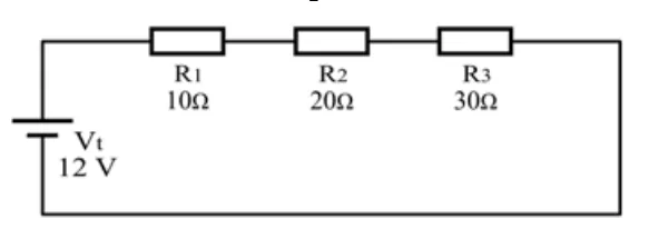 Circuito de referência com R1=10Ω, R2=20Ω e R3=30Ω em série com Vt=12V