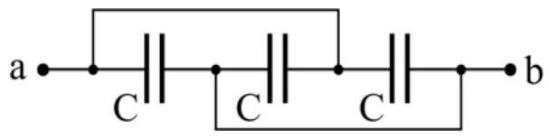 Três capacitores C em série entre a e b, com um fio superior ligando o nó inicial ao segundo nó, e um fio inferior ligando o nó intermediário ao terminal b.