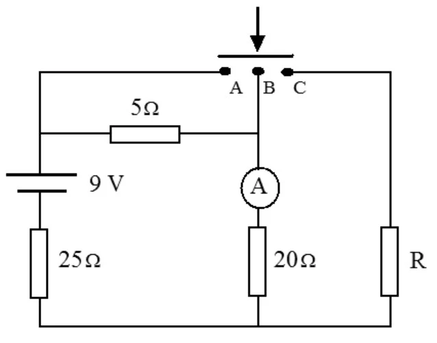 Circuito com fonte de 9V, resistores 5Ω, 25Ω, 20Ω, R e barra A-B-C