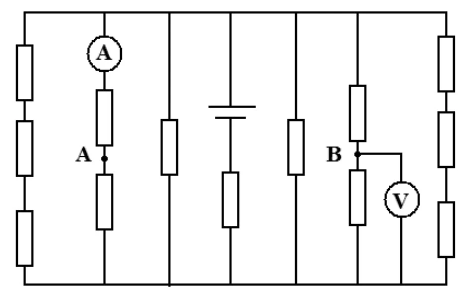 Circuito com seis ramos em paralelo: resistor com amperímetro e ponto A, resistor simples, capacitor, resistor simples, resistor com ponto B e voltímetro, resistor