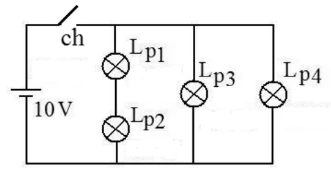 Circuito de 10 volts com chave e quatro lâmpadas distribuídas em três ramos paralelos
