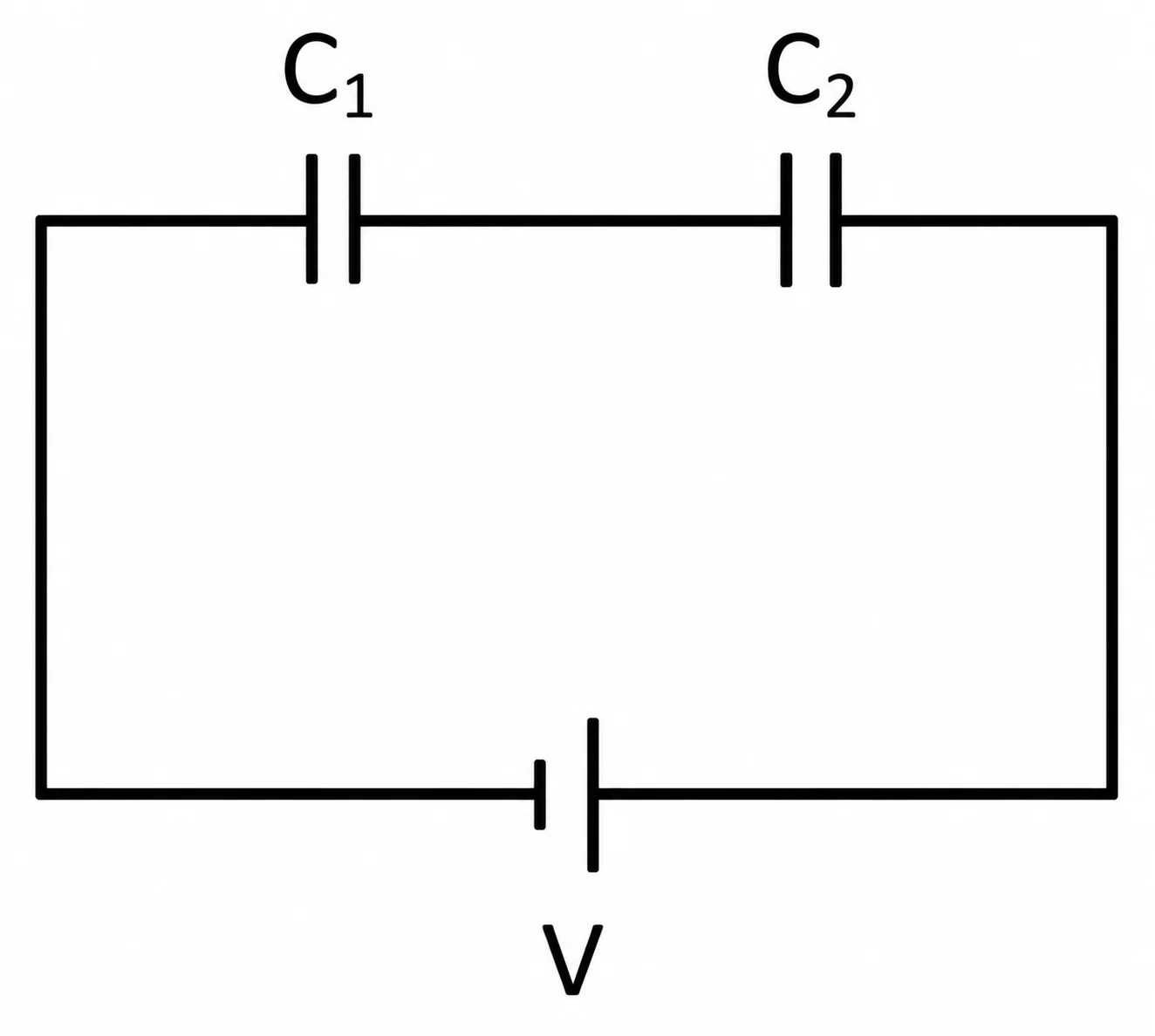 Capacitores C1 e C2 em série, ligados a uma fonte de tensão V