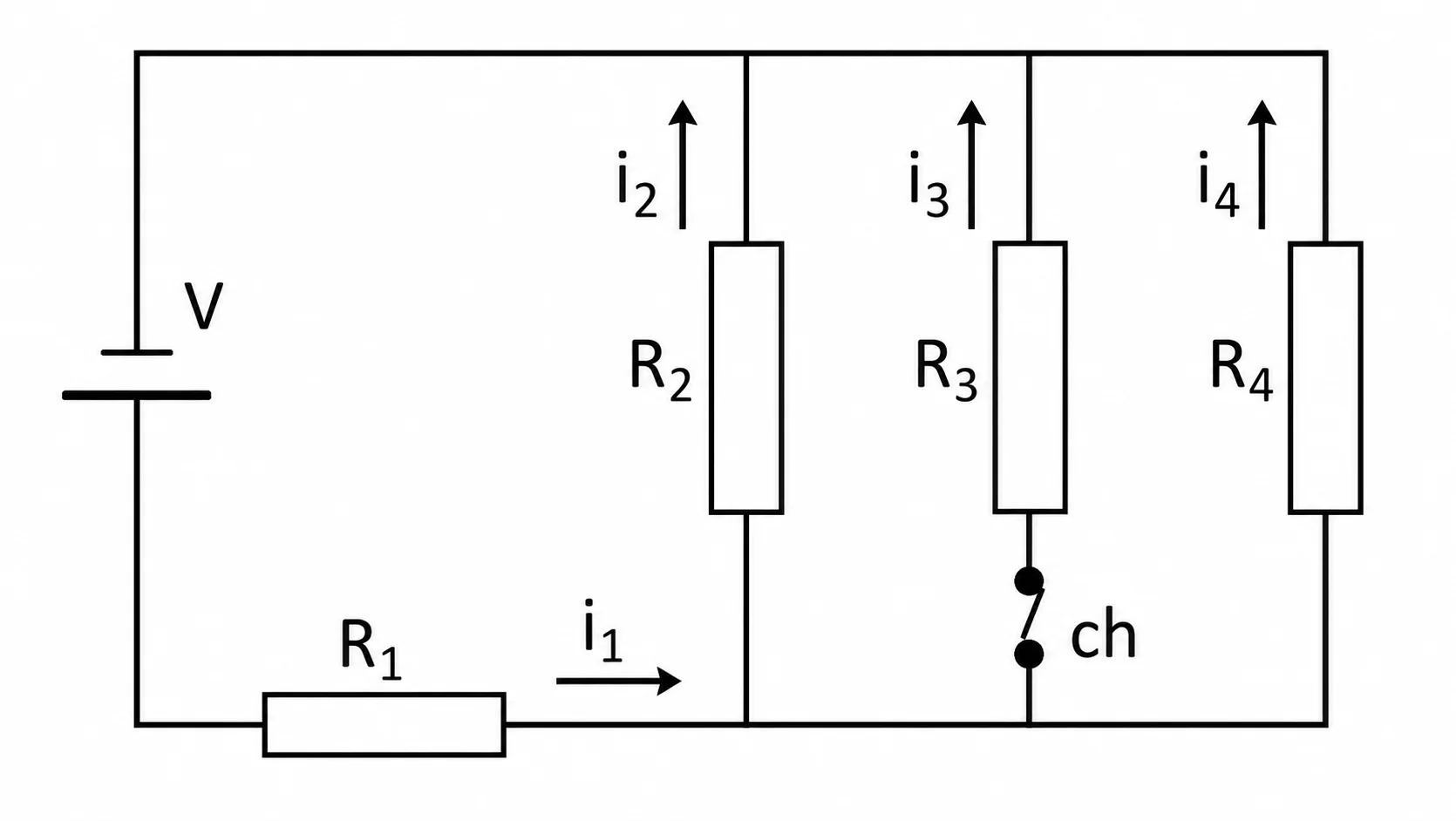 Circuito com fonte V e R1 em série, alimentando três resistores R2, R3 e R4 em paralelo (correntes i2, i3, i4); a chave ch está em série apenas com o ramo de R3