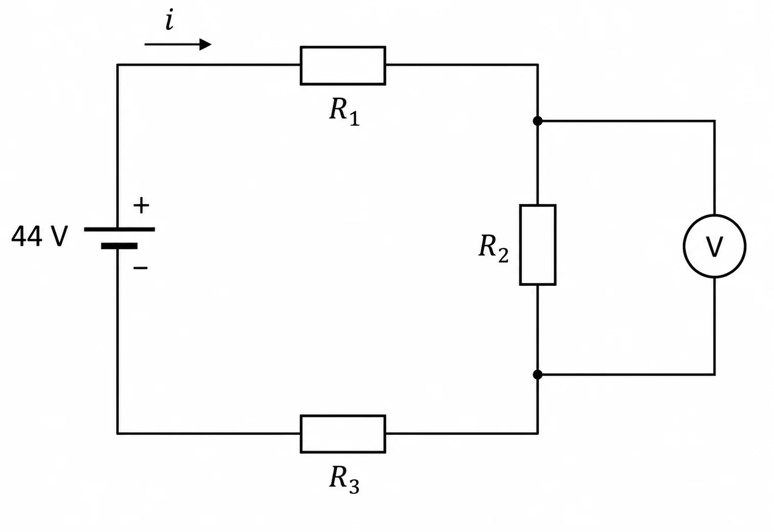 Circuito em série: fonte de 44V ligada a R1, depois R2 (com voltímetro em paralelo medindo sua tensão) e R3, retornando à fonte