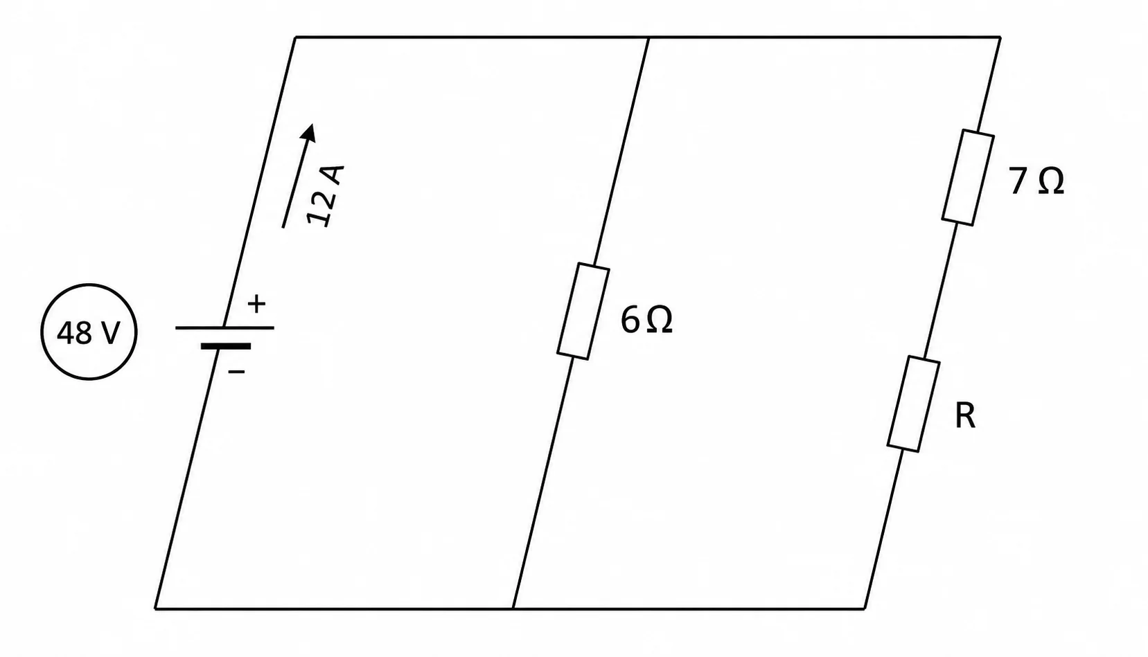 Fonte de 48V conectada a dois ramos em paralelo: ramo 1 apenas com resistor de 6 ohms, ramo 2 com resistor de 7 ohms em série com resistor R; corrente total de 12A saindo da fonte