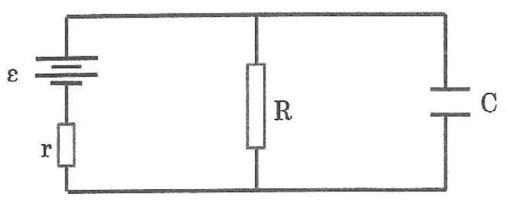 Circuito contendo bateria com resistência interna r, resistor R e capacitor C em paralelo