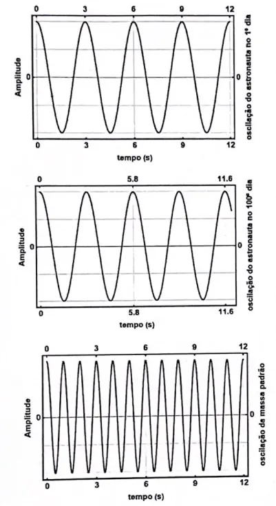 Gráficos de oscilação senoidal de posição x tempo para o 1º dia, 100º dia e massa padrão de 6 kg