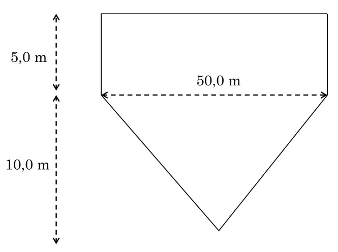 Seção transversal do casco do navio: parte inferior triangular com 10 m de altura e 50 m de largura no topo, encimada por um retângulo de 5 m de altura e 50 m de largura