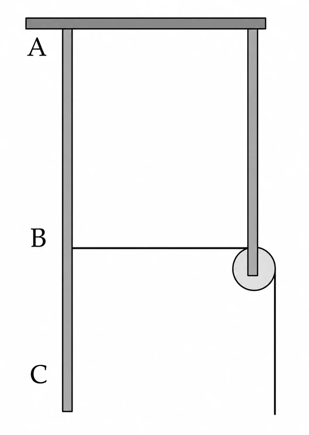 Corda AC pendurada verticalmente do teto, com fio horizontal amarrado em B até uma roldana
