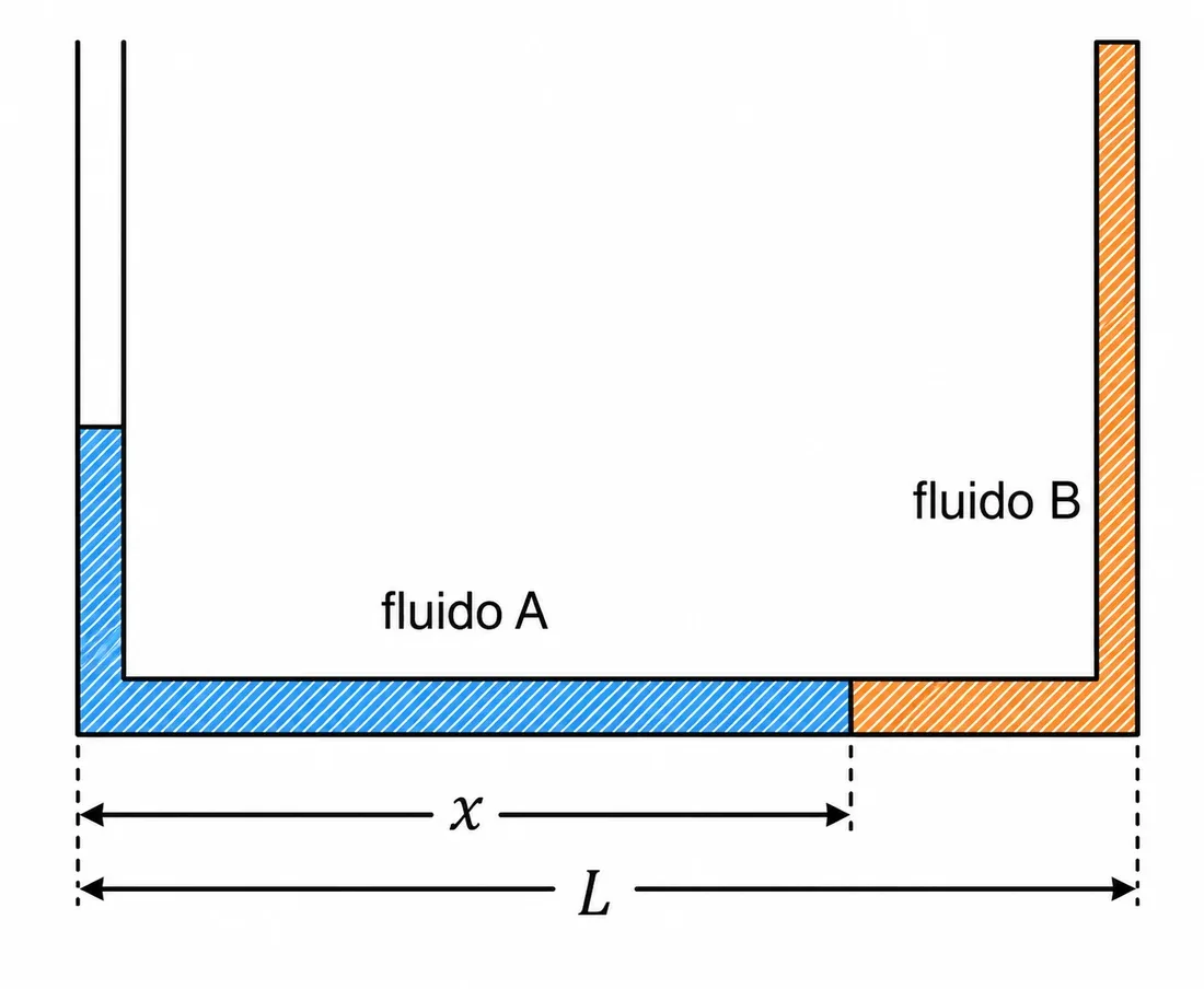 Tubo em U com fluido A ocupando a base até a posição x e subindo no ramo esquerdo, e fluido B do ponto x até o ramo direito