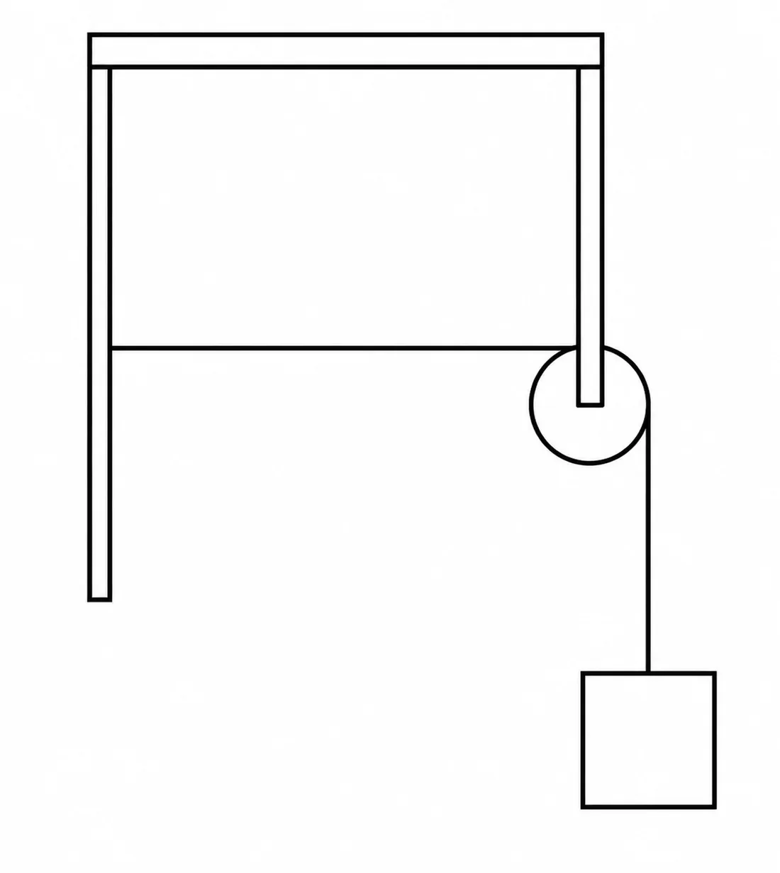 Fio preso na parede, horizontal até uma roldana ideal, e então vertical até um bloco suspenso