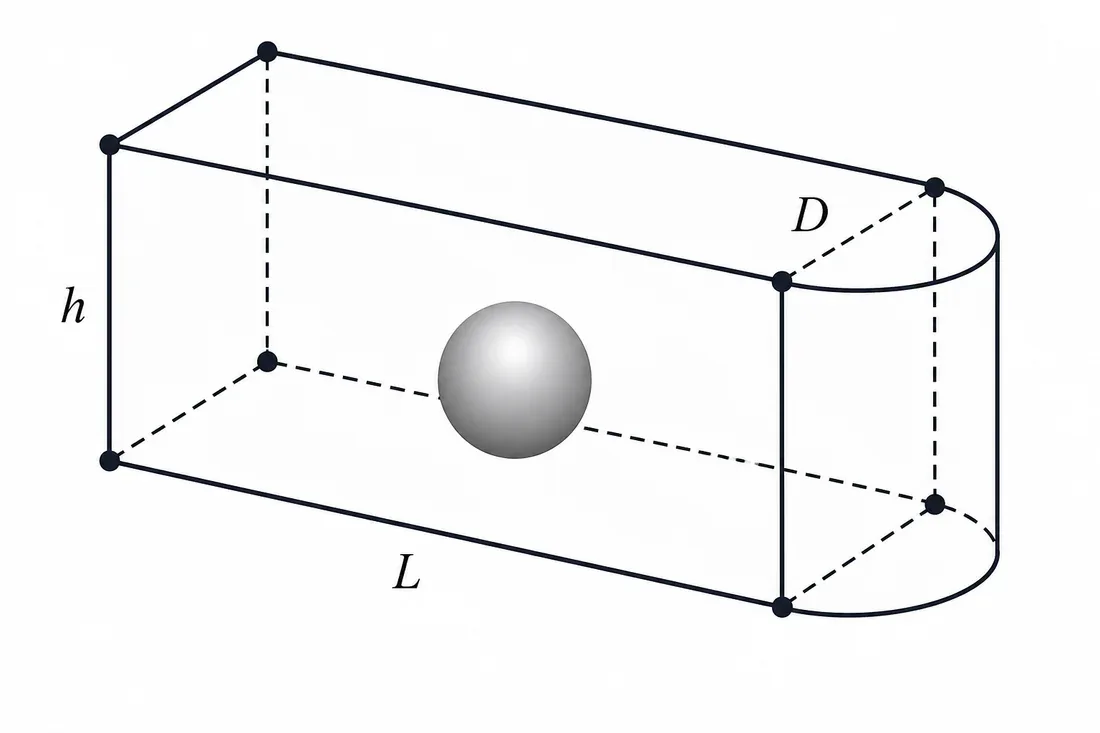 Banheira formada por um paralelepípedo de dimensões L, h, D com uma extremidade em semicilindro de altura h e diâmetro D; brinquedo esférico no interior