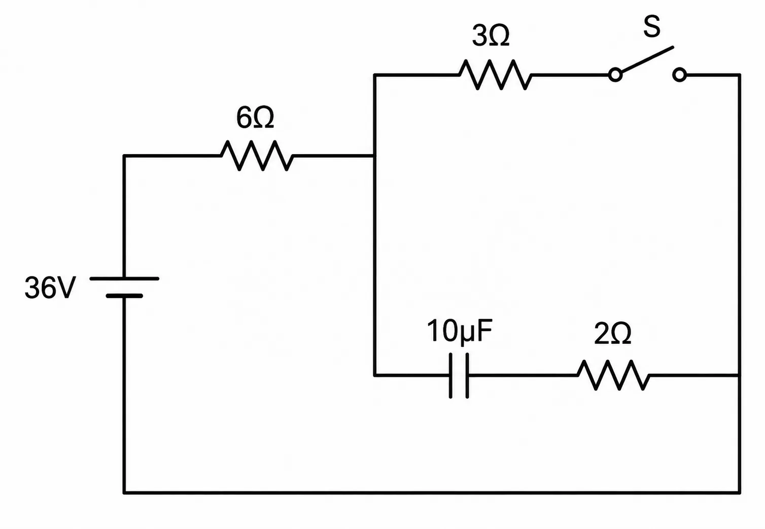 Circuito elétrico com chave S, bateria 36V, resistores de 3 ohm, 6 ohm, 2 ohm e capacitor de 10 uF