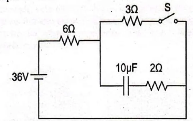 Circuito elétrico com chave S, bateria 36V, resistores de 3 ohm, 6 ohm, 2 ohm e capacitor de 10 uF