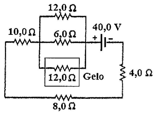 Circuito com resistor de 10 Ω em série, três resistores em paralelo de 12 Ω, 6 Ω e 12 Ω (junto ao gelo), bateria de 40 V com resistor de 4 Ω, e resistor de 8 Ω fechando a malha