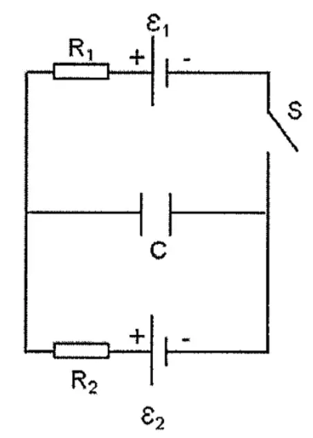Circuito contendo capacitor C, duas fontes de ddp e chave S