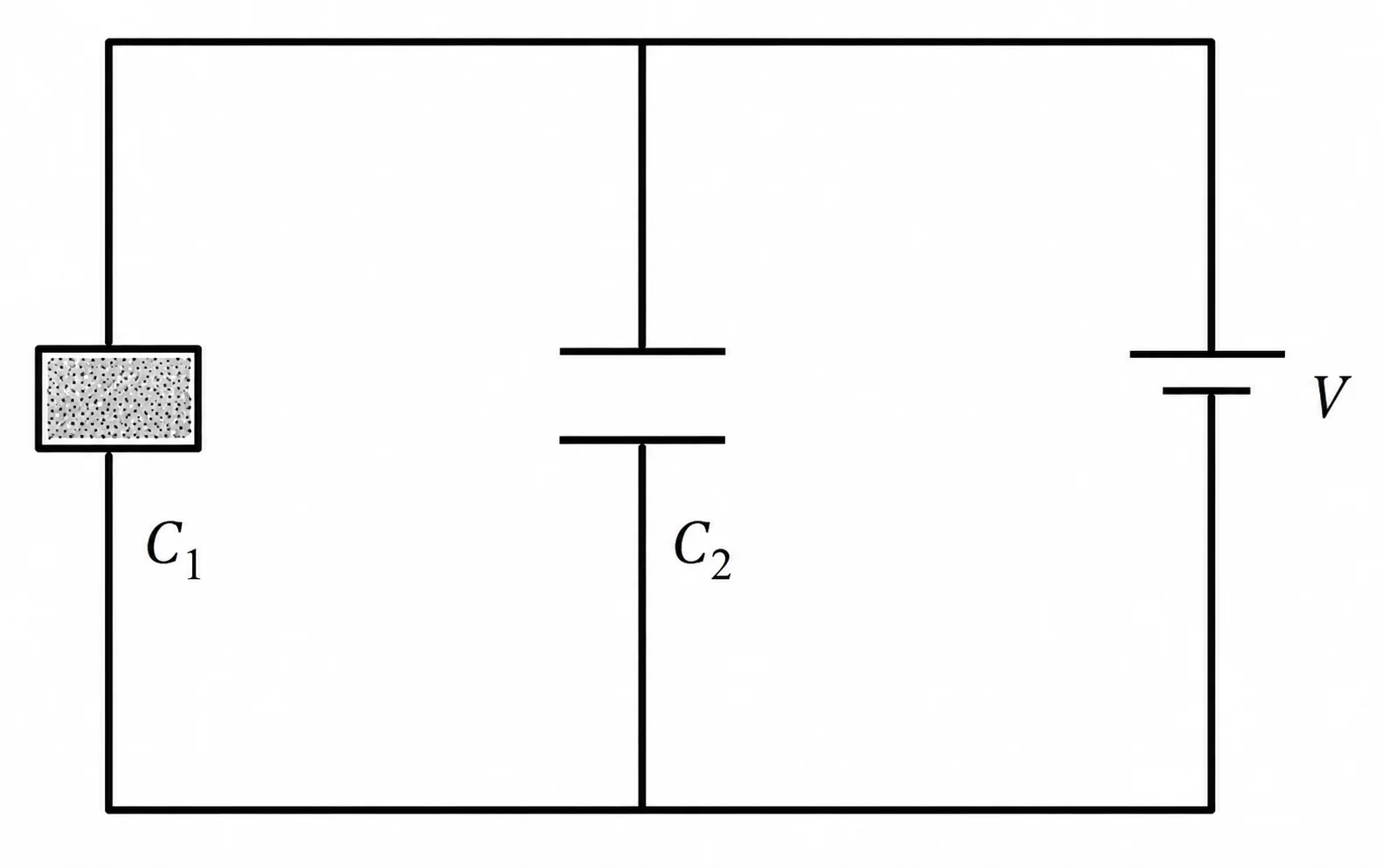 Dois capacitores C1 (com dielétrico) e C2 (sem dielétrico) ligados em paralelo a uma bateria V