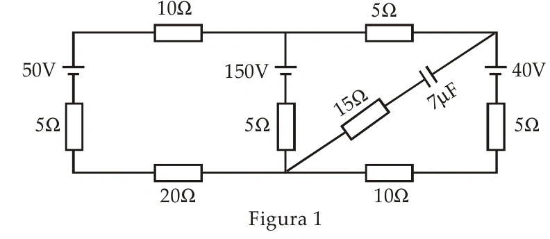Circuito de resistores, três geradores e capacitor de 7 microfarads