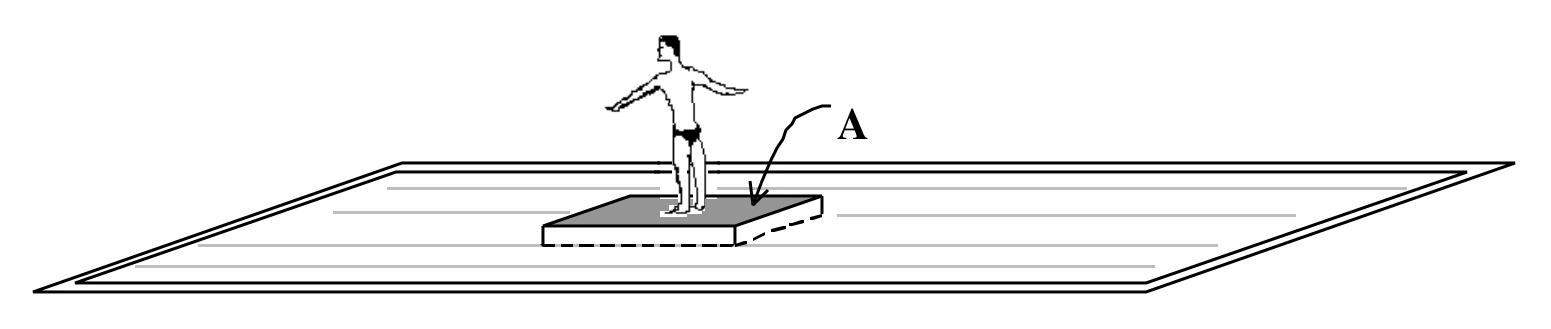 Pessoa sobre bloco retangular de madeira flutuando em piscina